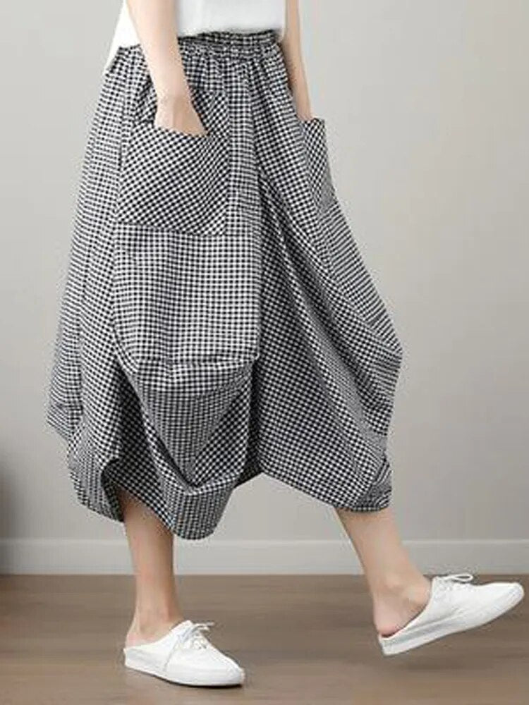 Johnature 2023 Plaid Pleated Summer Skirt