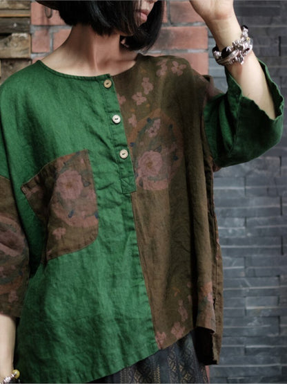 Floral Linen Shirt in Earthy Green Tones