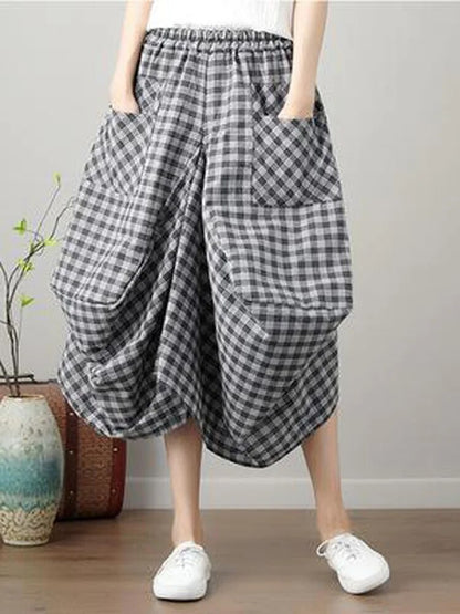 Johnature 2023 Plaid Pleated Summer Skirt