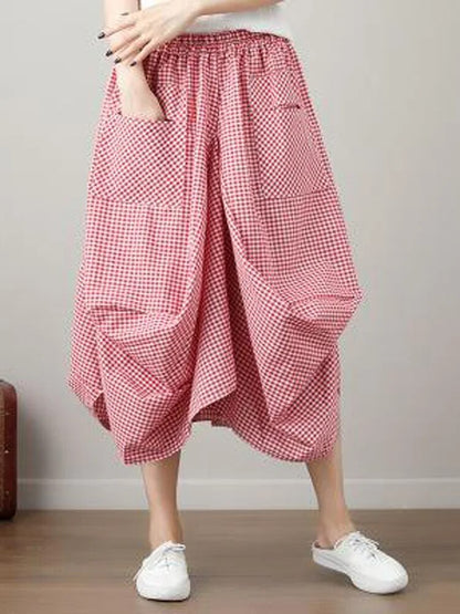 Johnature 2023 Plaid Pleated Summer Skirt