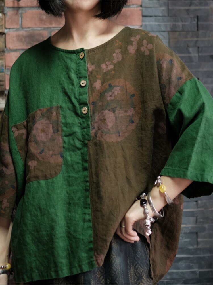 Floral Linen Shirt in Earthy Green Tones