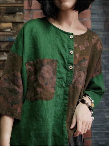 Floral Linen Shirt in Earthy Green Tones