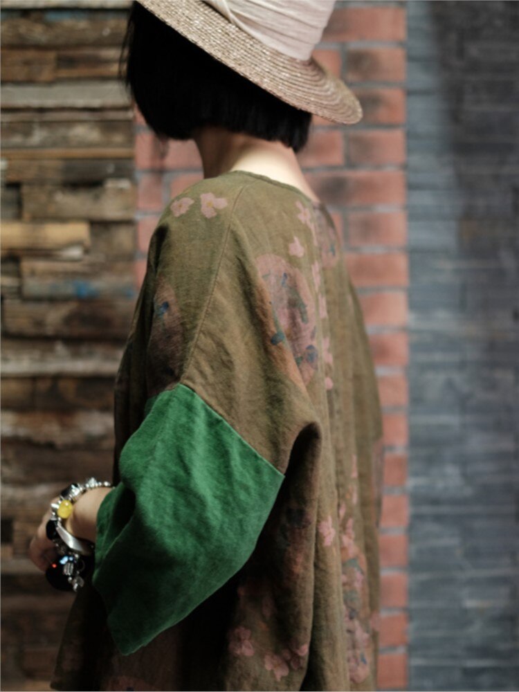 Floral Linen Shirt in Earthy Green Tones