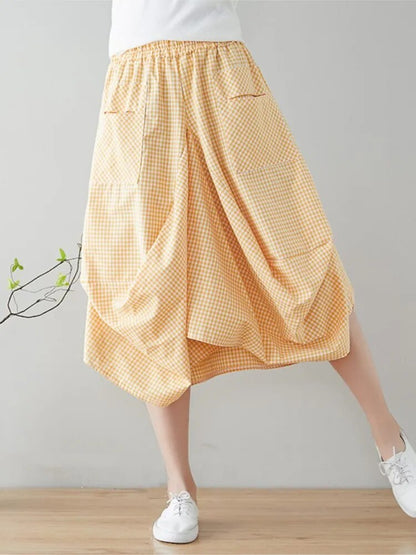 Johnature 2023 Plaid Pleated Summer Skirt