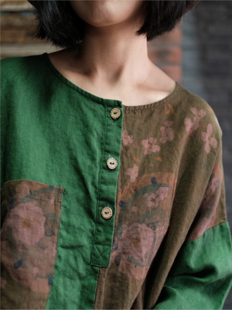 Floral Linen Shirt in Earthy Green Tones